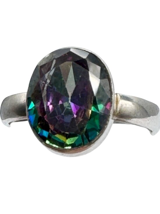 Handcrafted Jewelry - Mystic Topaz Ring Sterling Silver Rainbow Faceted Large 10mm Gemstone Size 7